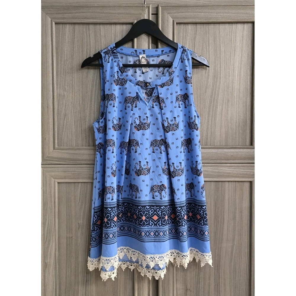 HoneyMe Sleeveless Womens Top Sz Small USA Blue Elephants Crocheted Hem